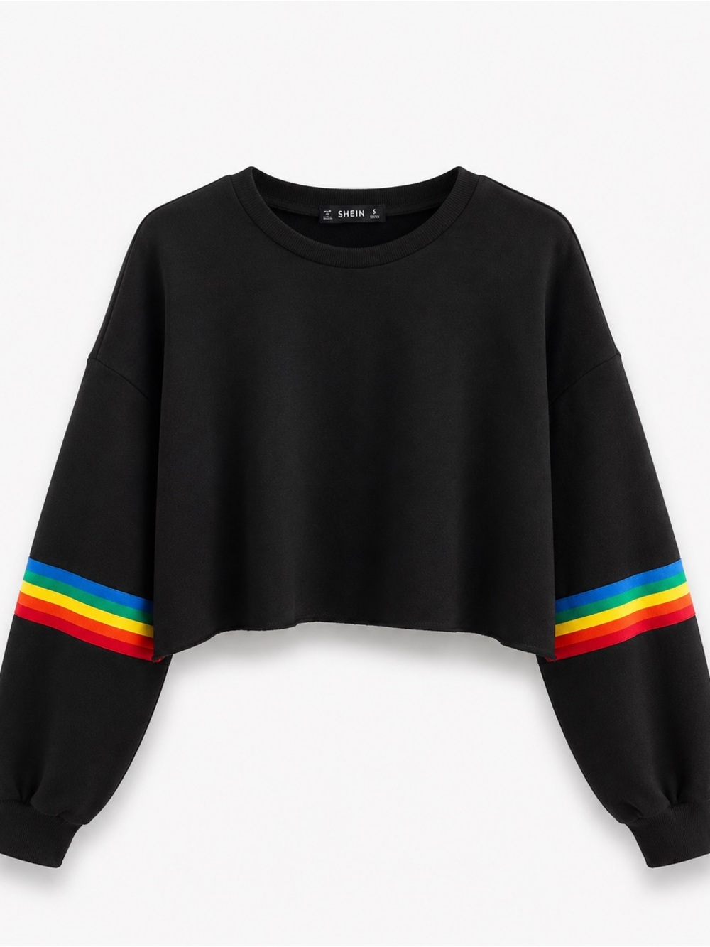 SHEIN Black Cropped Long Sleeve Y2K T-Shirt with Rainbow Stripes
